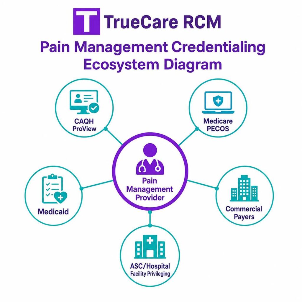 Pain management credentialing ecosystem connecting providers with CAQH, PECOS, Medicaid, commercial payers, and ASC hospital privileging