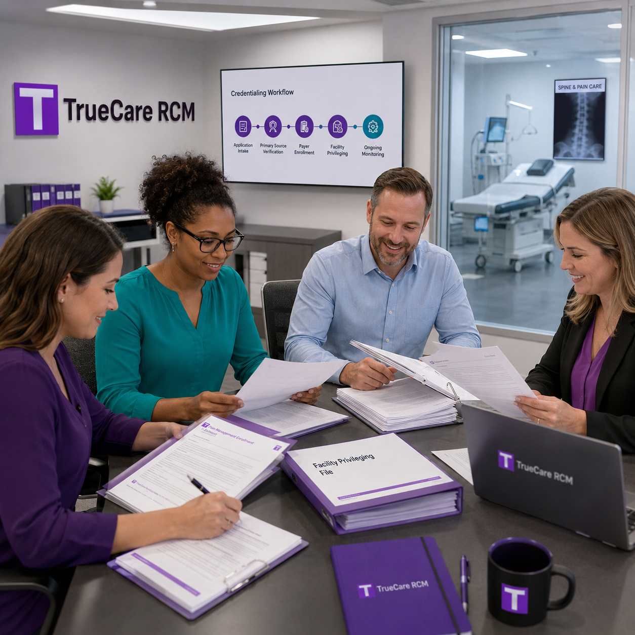 Credentialing specialist team reviewing pain management enrollment and facility privileging files in a modern office