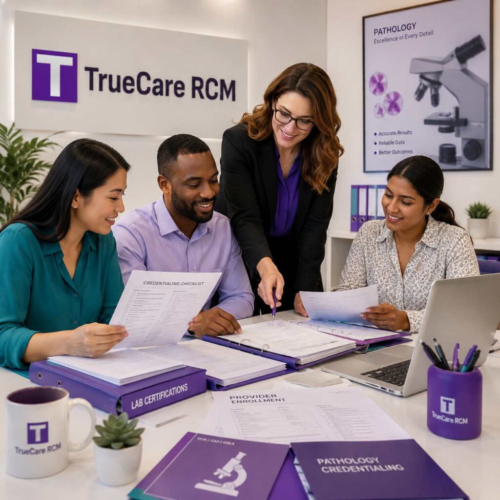 Pathology credentialing specialist team reviewing enrollment documents and lab certification paperwork in a modern office