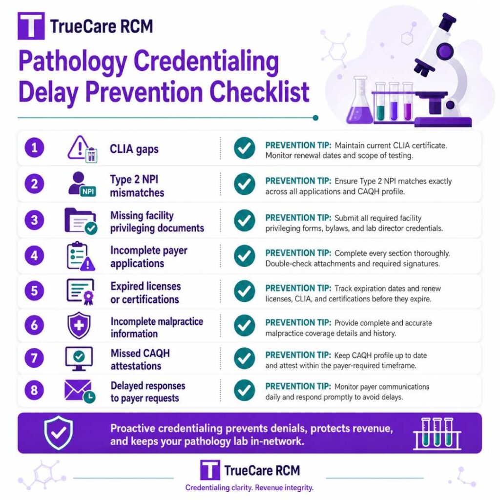 Pathology credentialing checklist showing delay prevention for CLIA gaps, Type 2 NPI mismatches, and facility privileging documents