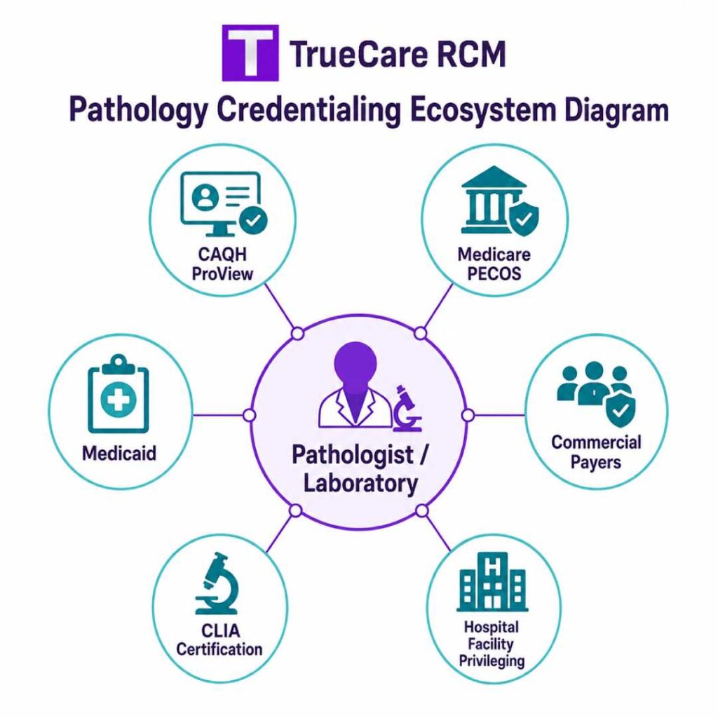 Pathology credentialing ecosystem connecting pathologists and laboratories with CAQH, PECOS, Medicaid, payers, CLIA, and hospital privileging