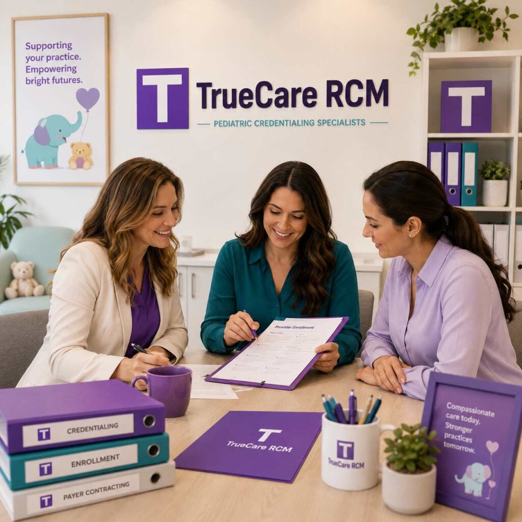 Pediatric credentialing specialist team reviewing enrollment documents in a bright modern office with friendly healthcare decor