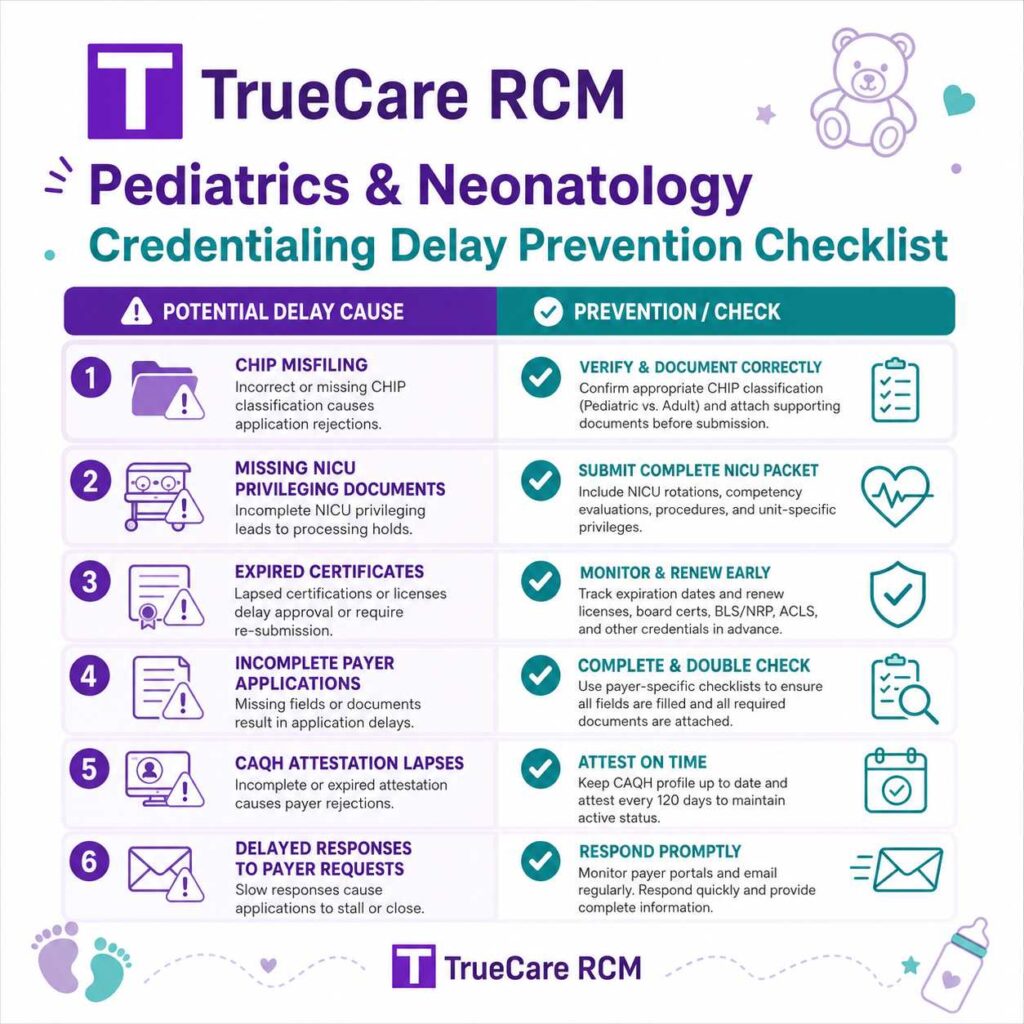 Pediatrics and neonatology credentialing checklist showing delay prevention for CHIP filing, NICU privileging, and expired certificates