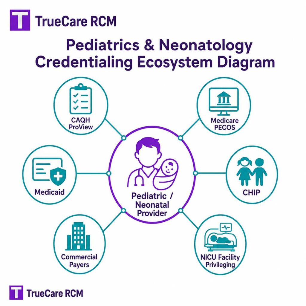 Pediatrics and neonatology credentialing ecosystem connecting providers with CAQH, PECOS, Medicaid, CHIP, payers, and NICU privileging