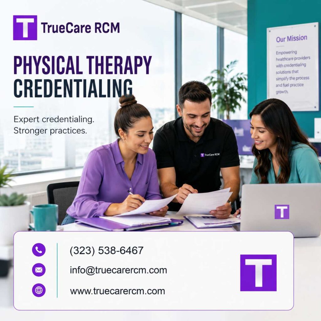 Physical therapy credentialing specialist team reviewing enrollment documents in a bright modern office