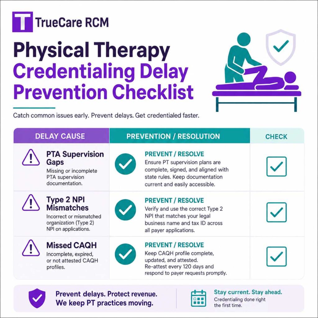 Physical therapy credentialing checklist showing delay prevention for PTA supervision gaps, Type 2 NPI mismatches, and CAQH updates