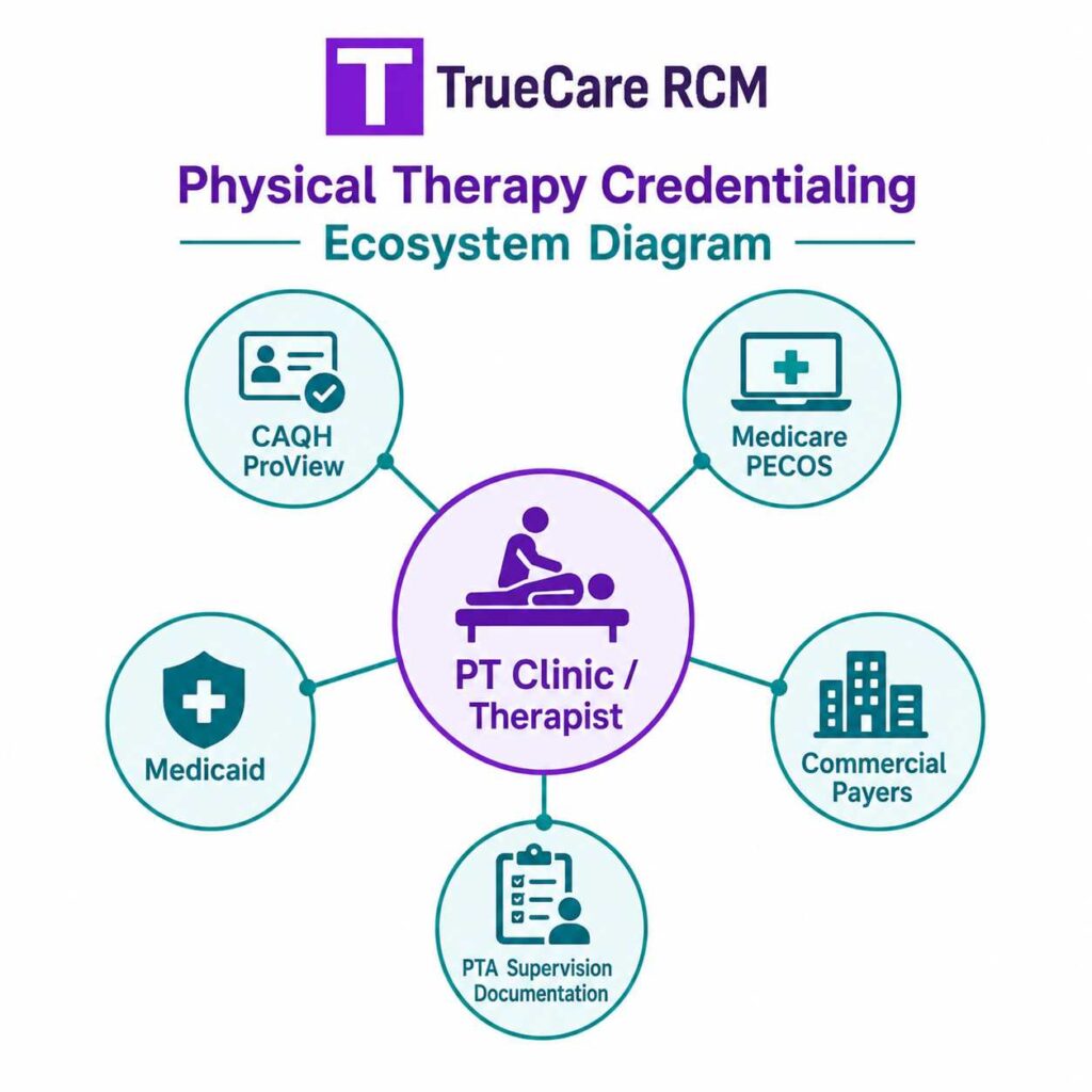 Physical therapy credentialing ecosystem connecting PT clinics and therapists with CAQH, PECOS, Medicaid, commercial payers, and PTA supervision documentation