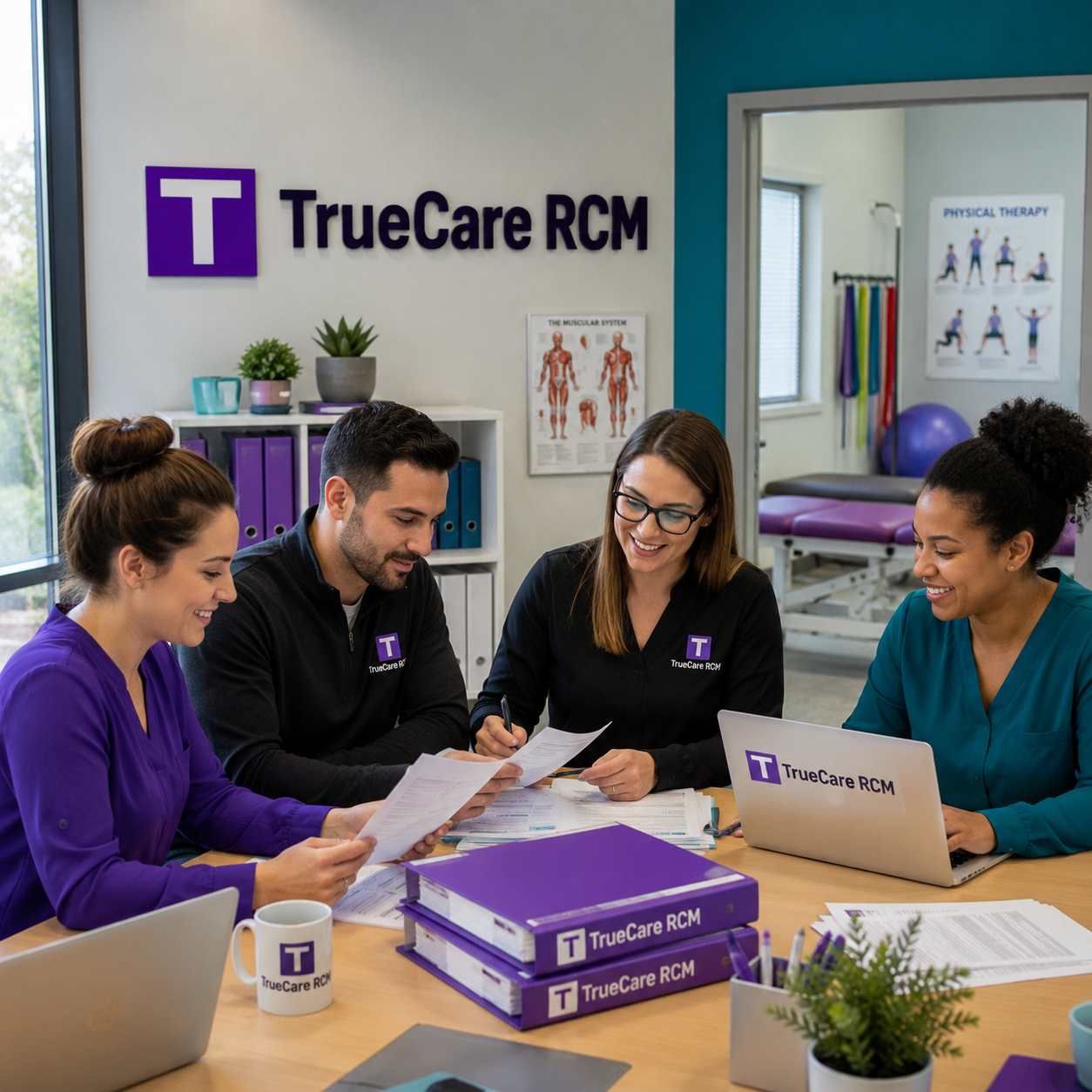 Credentialing specialist team reviewing physical therapy enrollment files in a modern office with rehabilitation clinic visual cues