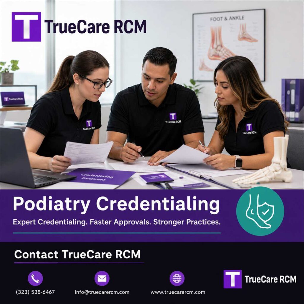 Podiatry credentialing specialist team reviewing enrollment and surgical privileging documents in a bright modern office
