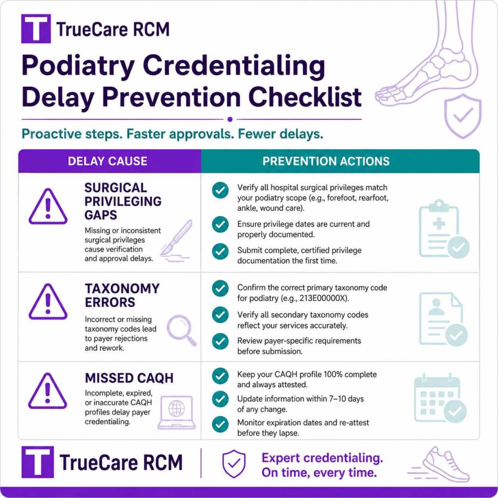 Podiatry credentialing checklist showing delay prevention for surgical privileging gaps, taxonomy errors, and missed CAQH updates