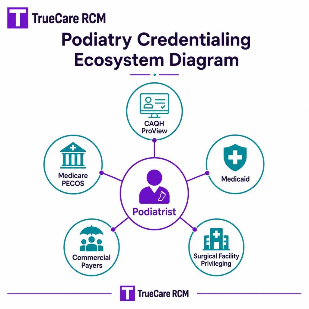 Podiatry credentialing ecosystem connecting podiatrists with CAQH, PECOS, Medicaid, commercial payers, and surgical facility privileging