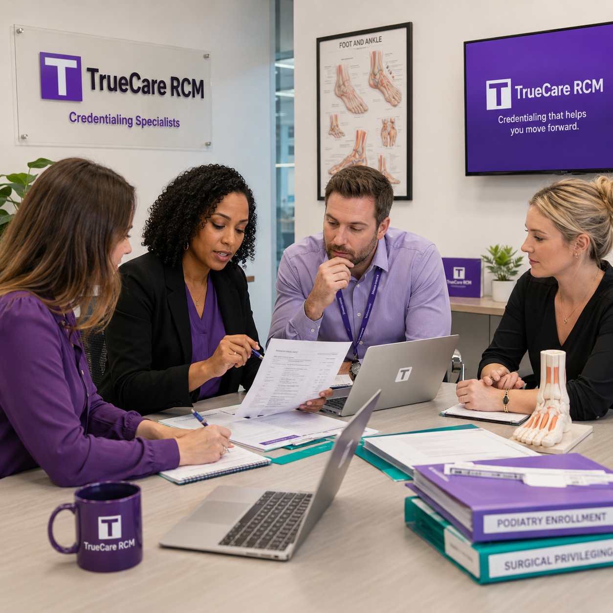 Credentialing specialist team reviewing podiatry enrollment and surgical privileging files in a modern office