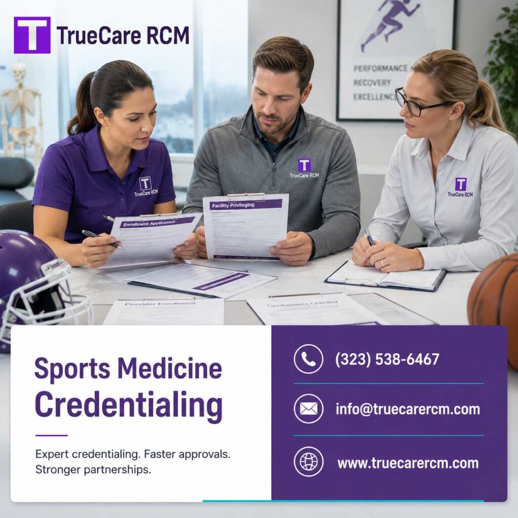 Sports medicine credentialing specialist team reviewing enrollment and facility privileging documents in a bright modern office
