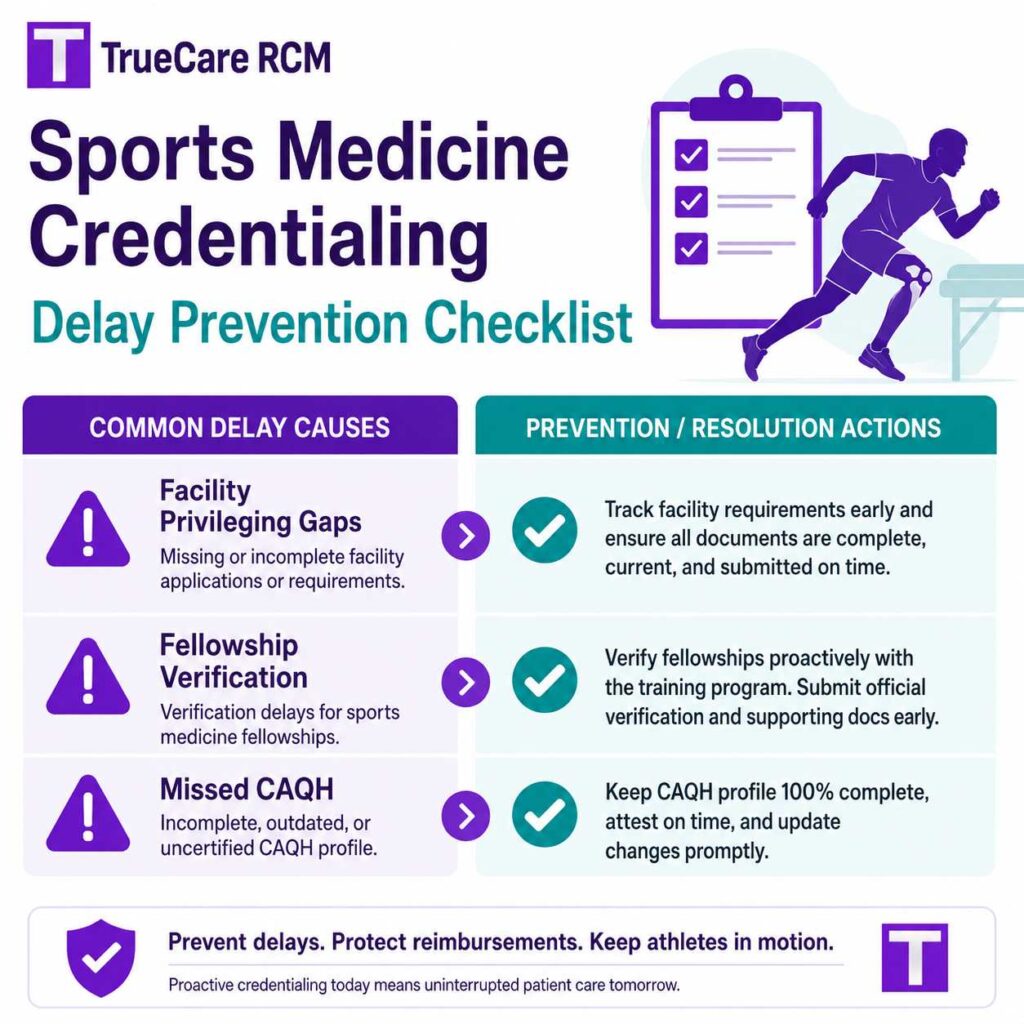 Sports medicine credentialing checklist showing delay prevention for facility privileging gaps, fellowship verification, and CAQH updates