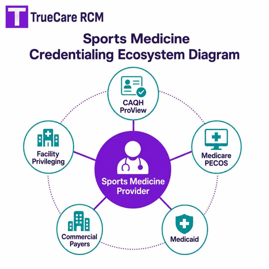 Sports medicine credentialing ecosystem connecting providers with CAQH, PECOS, Medicaid, commercial payers, and facility privileging