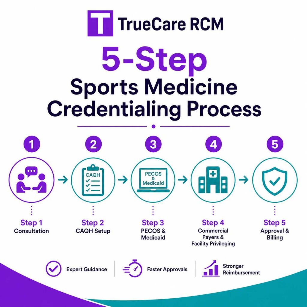 Five-step sports medicine credentialing process from consultation and CAQH setup to facility privileging approval and billing