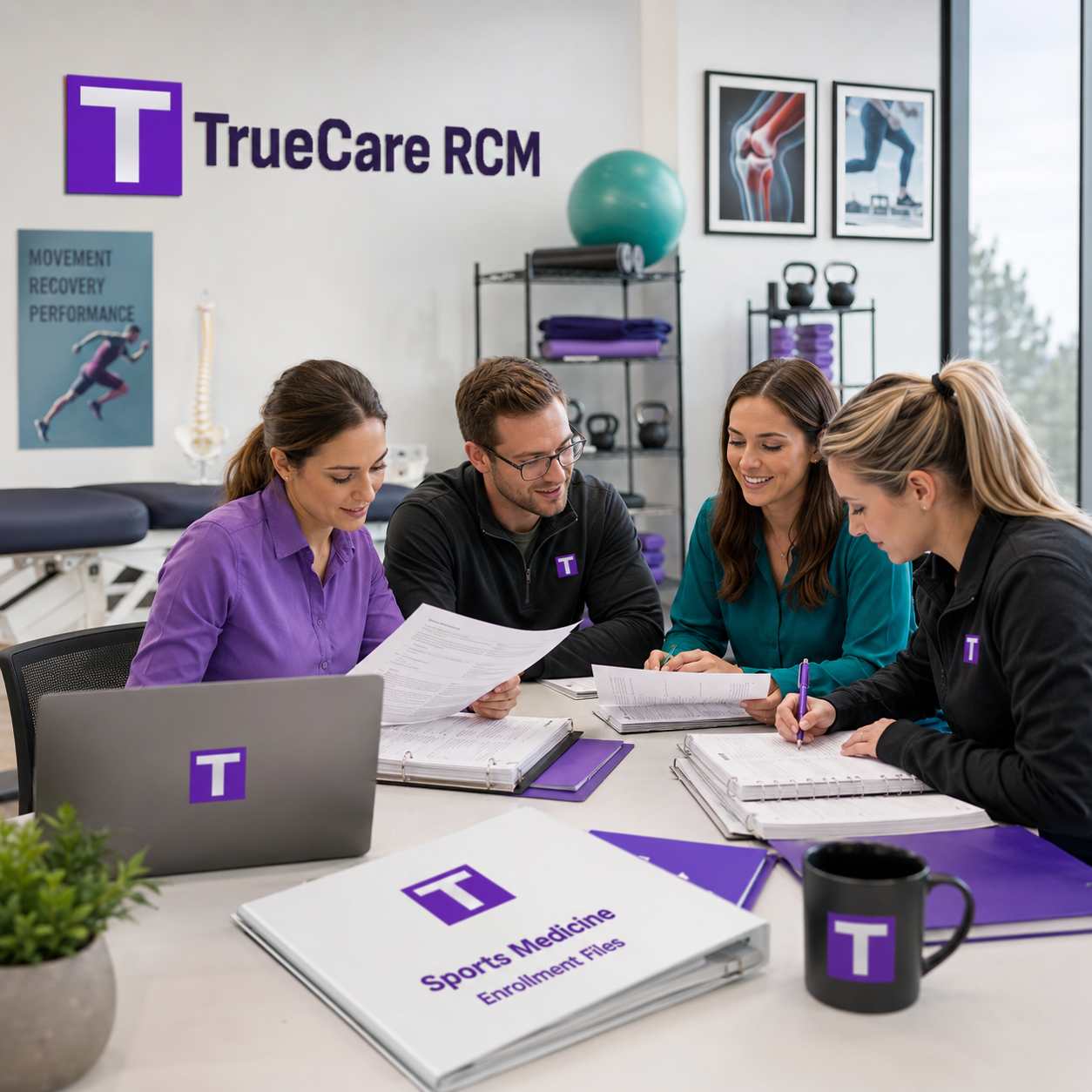 Credentialing specialist team reviewing sports medicine enrollment files in a modern office with athletic clinic visual cues