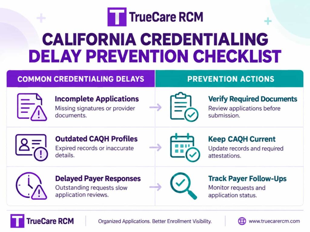 TrueCare RCM infographic showing common California provider credentialing delays and practical prevention actions.