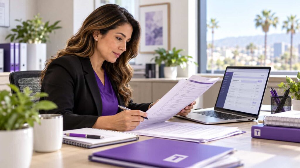California healthcare credentialing specialist reviewing provider records and insurance enrollment applications.