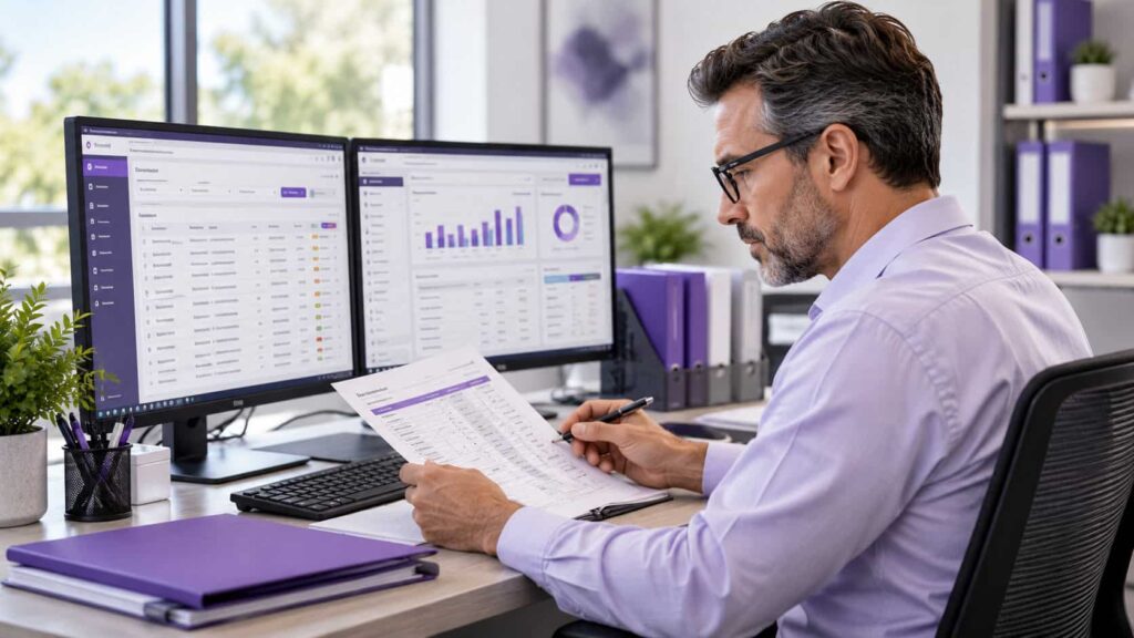 Healthcare billing specialist reviewing electronic insurance claims and revenue cycle information at a medical office.
