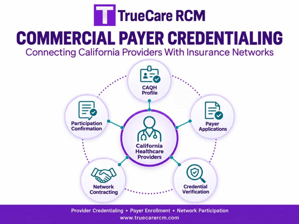 TrueCare RCM insurance credentialing infographic illustrating provider applications, CAQH, payer review, network contracting, and participation confirmation.