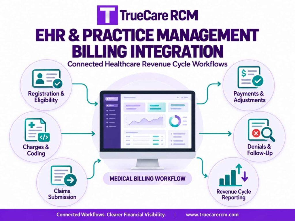 TrueCare RCM infographic illustrating EHR and practice management integration with medical billing, electronic claims, payment posting, and revenue cycle reporting.
