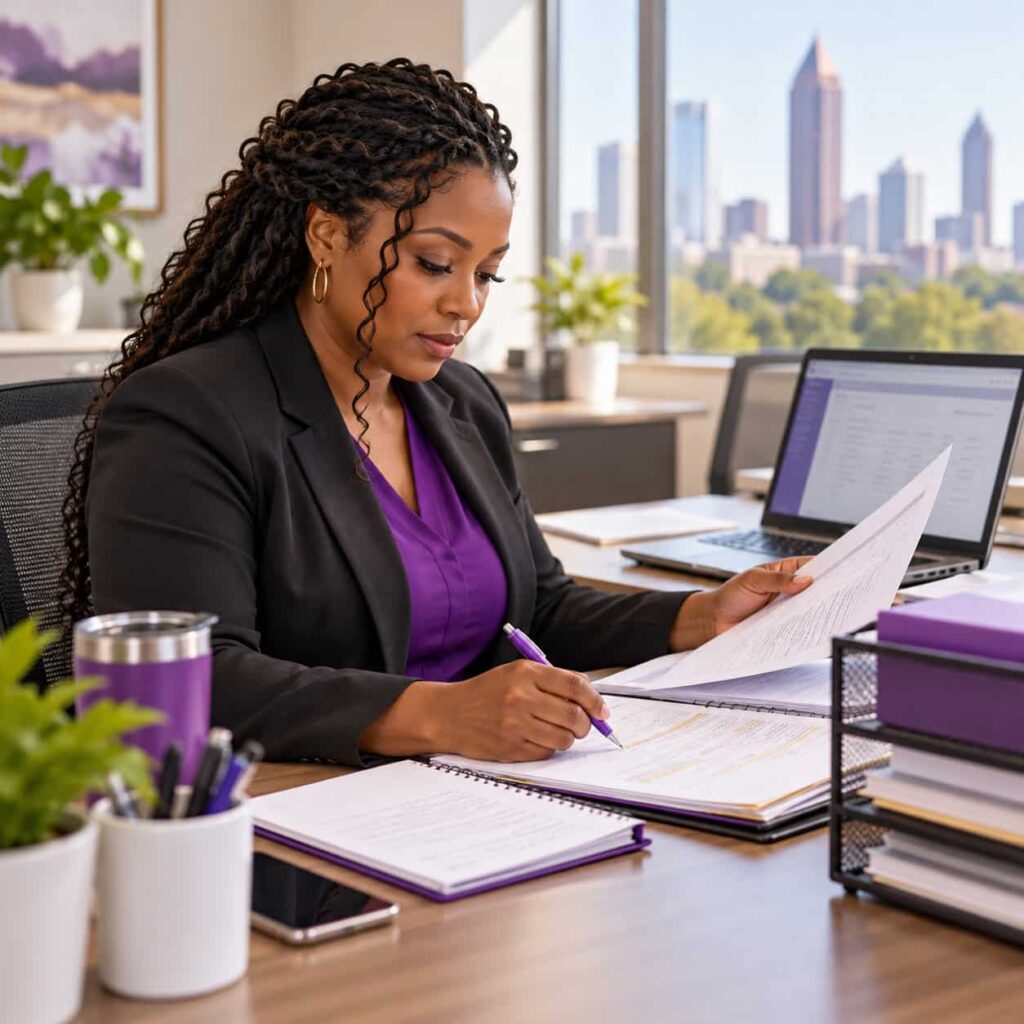 Medical credentialing administrator organizing professional provider documentation and payer enrollment records.