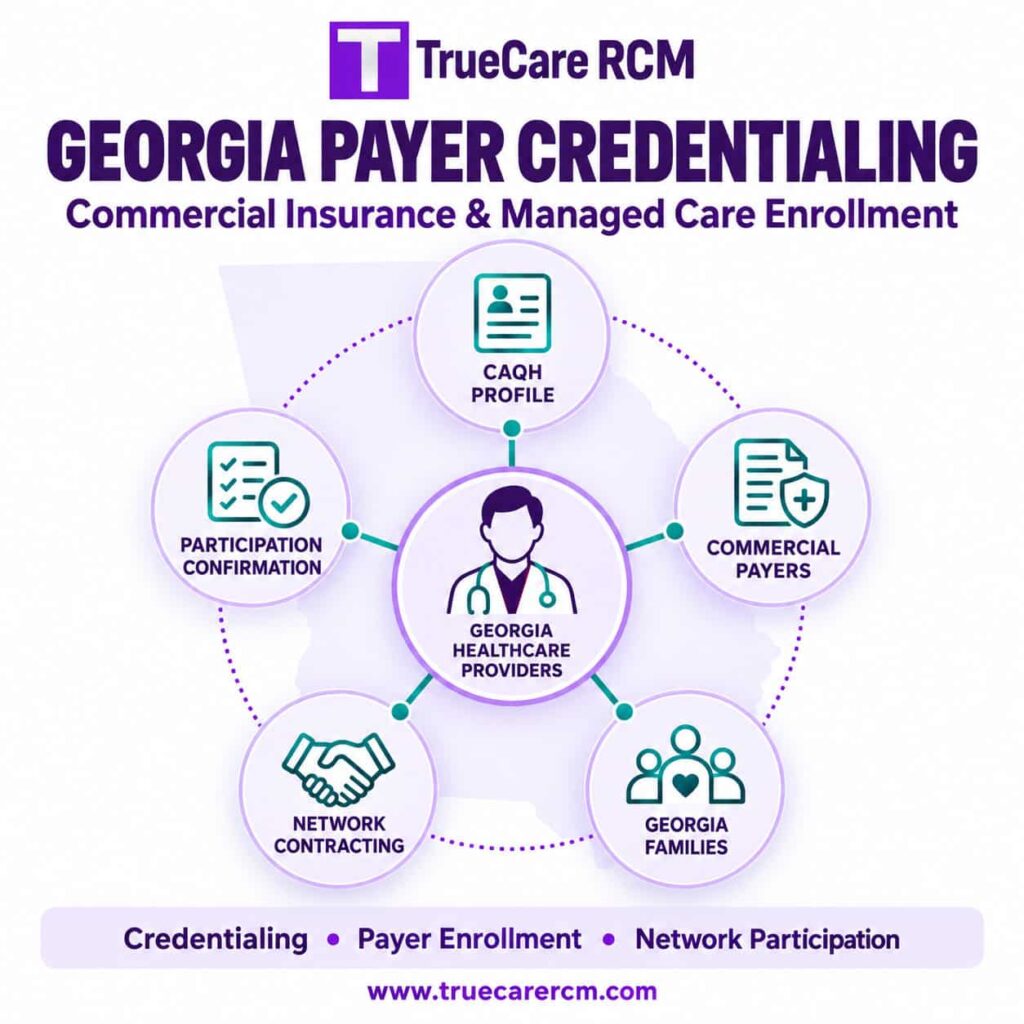 TrueCare RCM diagram illustrating Georgia provider credentialing for commercial insurance and managed care networks.
