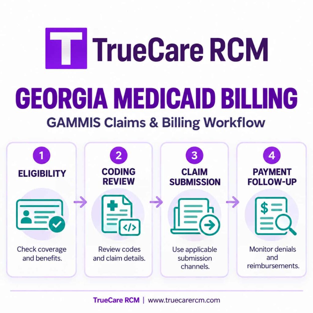 TrueCare RCM infographic illustrating Georgia Medicaid eligibility, coding, claims submission and payment follow-up.
