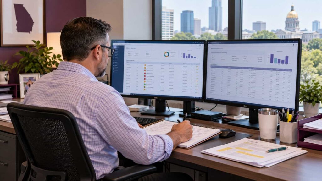 Healthcare billing specialist reviewing electronic claims and payment reports in a Georgia medical office.