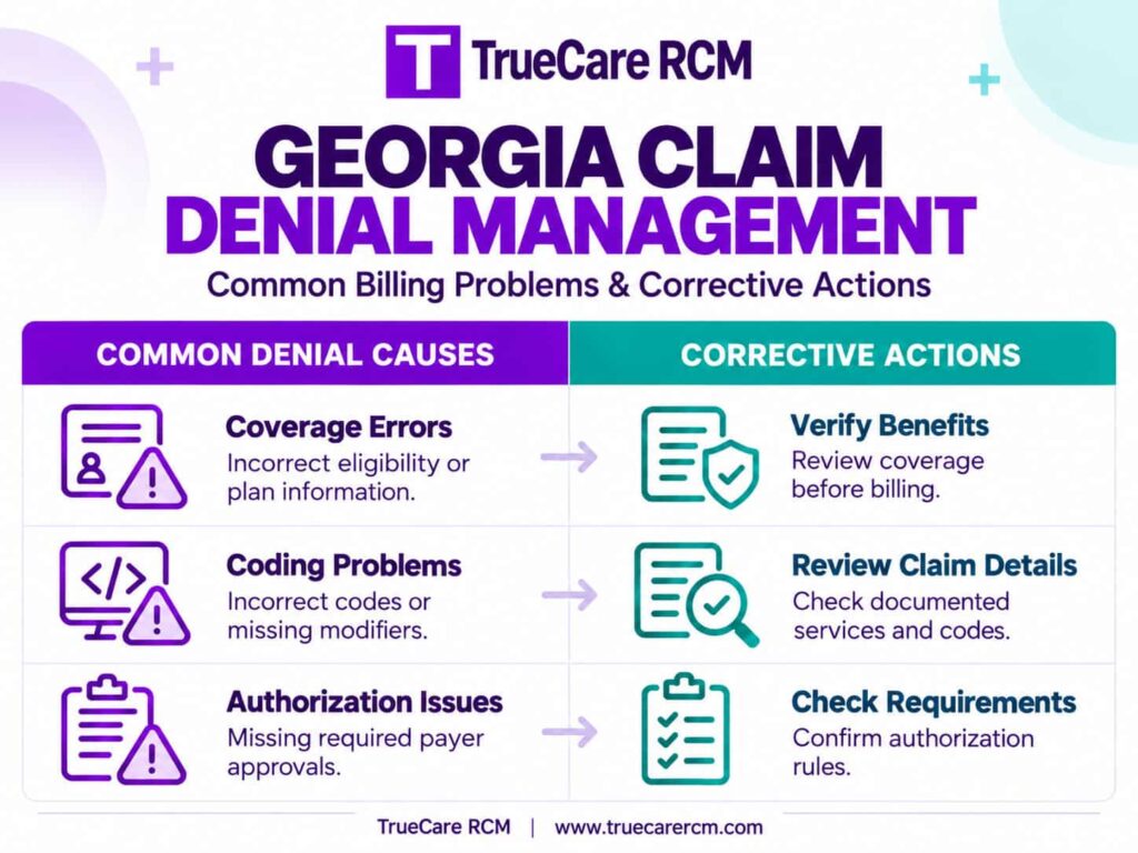 TrueCare RCM infographic comparing common Georgia medical billing denial causes with corrective actions.