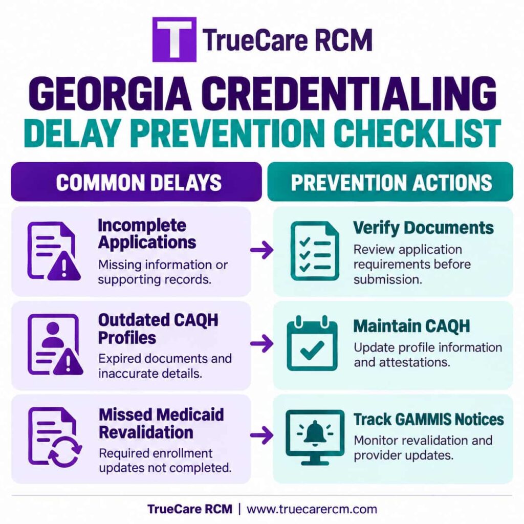 TrueCare RCM infographic comparing common Georgia credentialing challenges with practical enrollment preparation actions.
