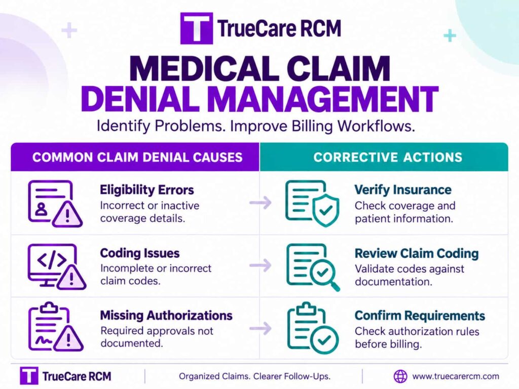TrueCare RCM infographic comparing common medical claim denial causes with corrective billing actions.