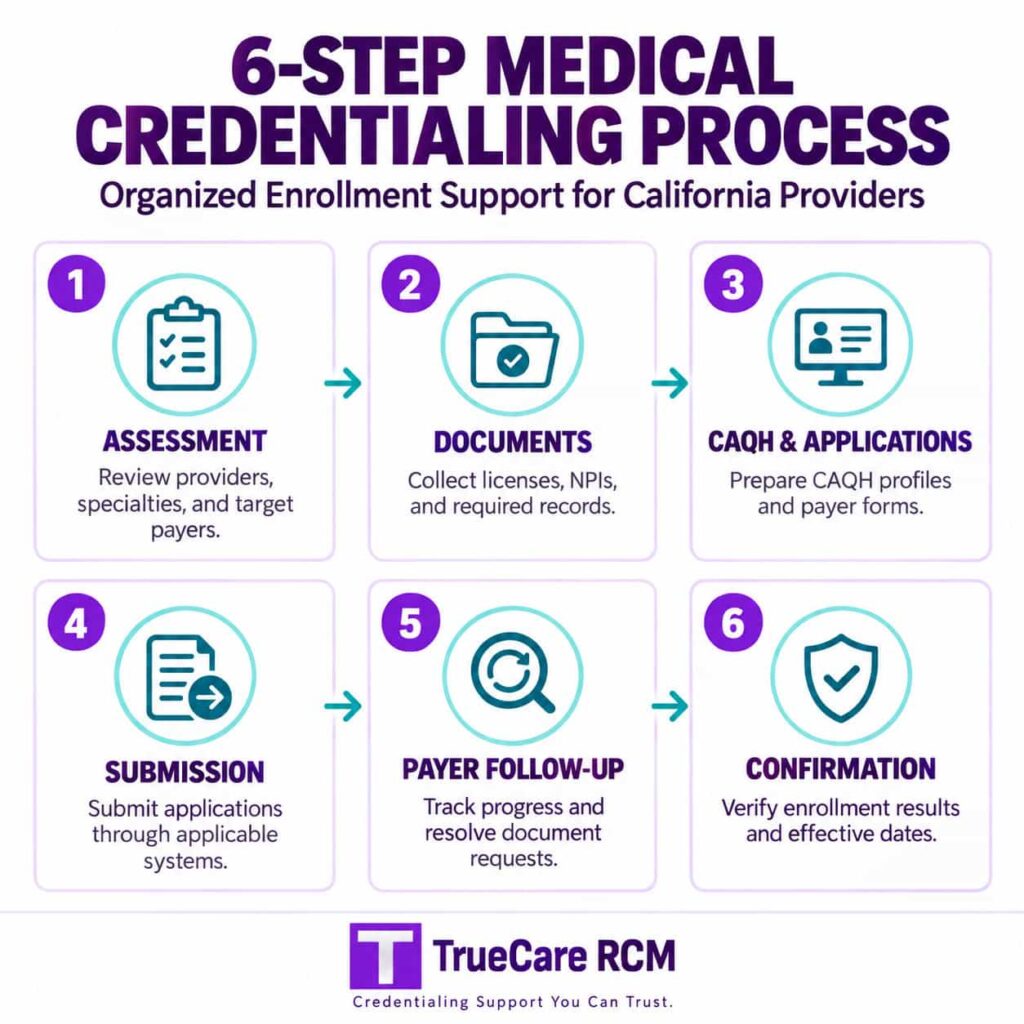TrueCare RCM six-step credentialing process covering assessment, documents, CAQH, application submission, payer follow-up, and confirmation.