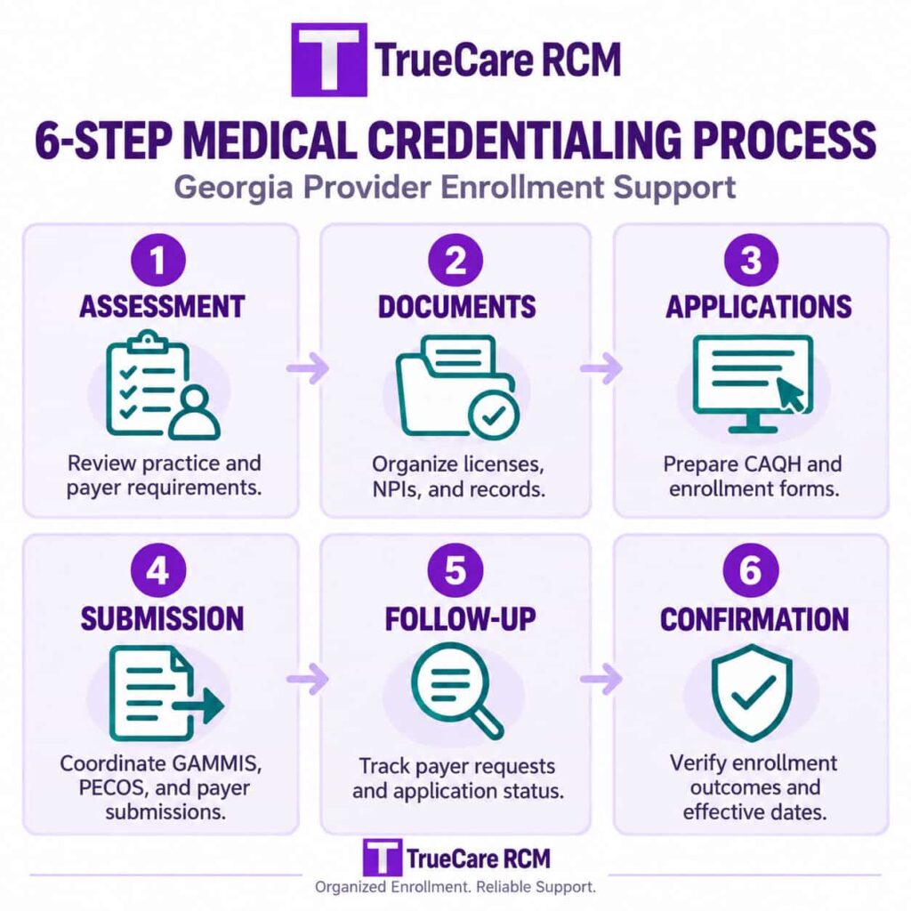 TrueCare RCM six-step Georgia credentialing process showing assessment, documentation, applications, submission, payer follow-up and confirmation.