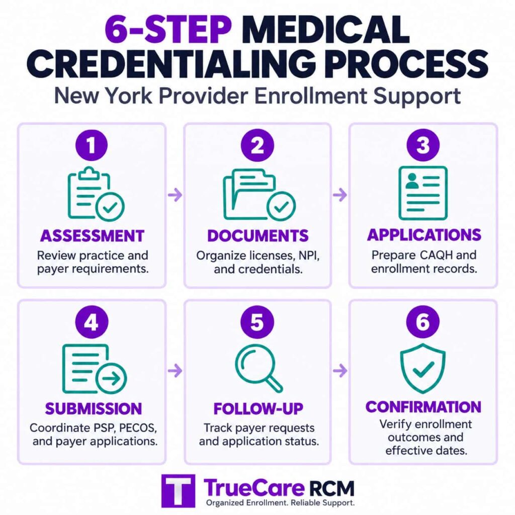 TrueCare RCM six-step New York provider credentialing process covering assessment, documentation, applications, submissions, follow-ups, and enrollment confirmation.