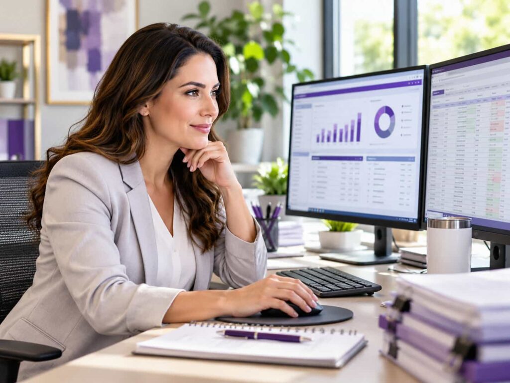 Medical billing administrator reviewing Medicare and commercial insurance claims at a modern healthcare workstation.