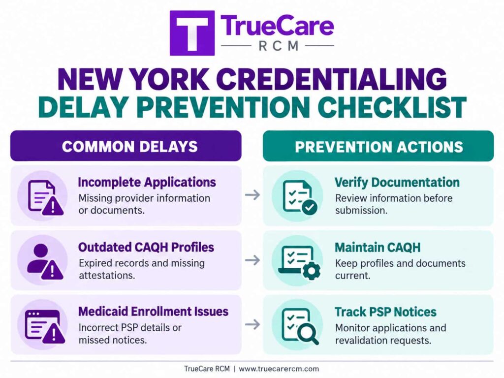 TrueCare RCM infographic comparing common New York credentialing delays with document verification, CAQH maintenance, and Medicaid enrollment follow-up actions.