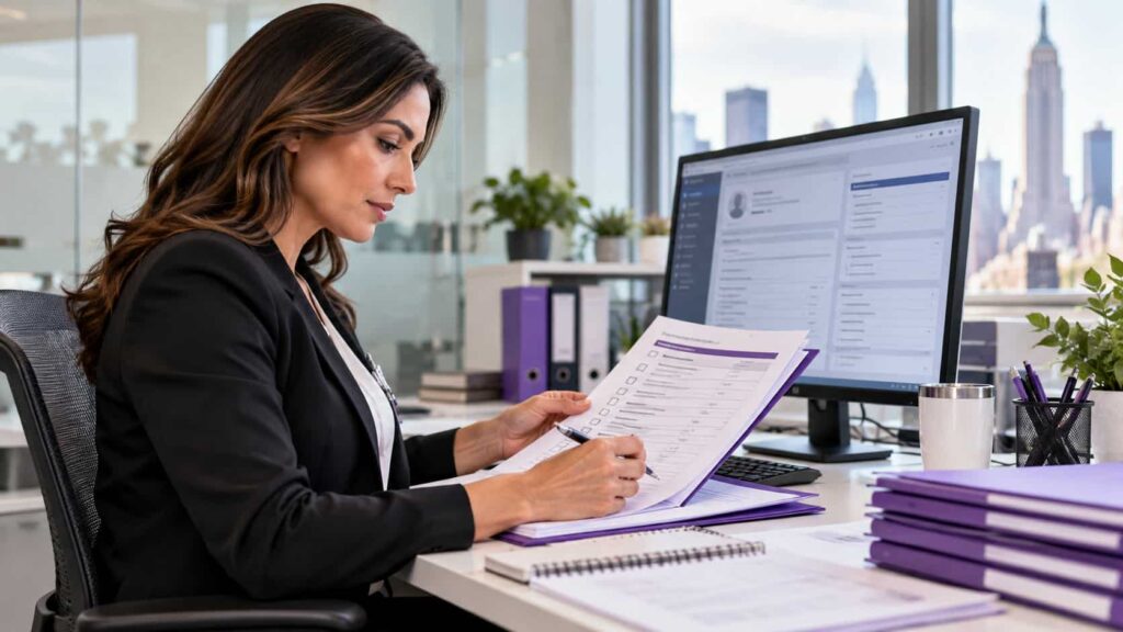 Medical credentialing administrator reviewing provider enrollment documentation in a modern New York healthcare office.