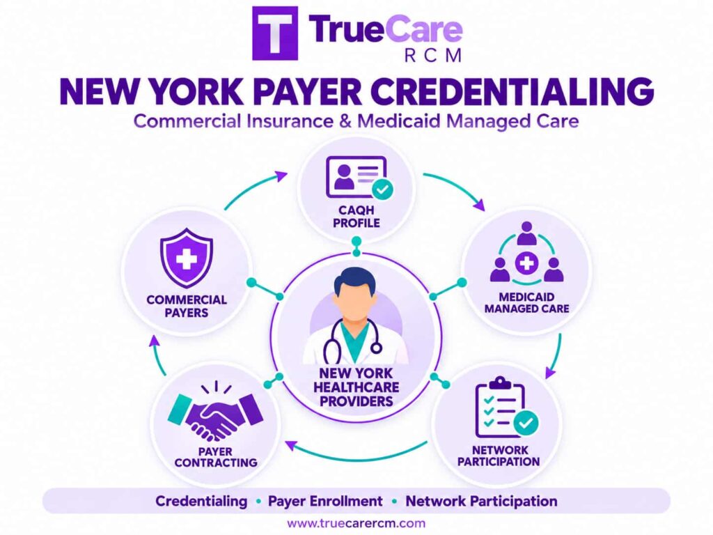 TrueCare RCM infographic showing connections between New York healthcare providers, CAQH, commercial payer credentialing and Medicaid managed care enrollment.