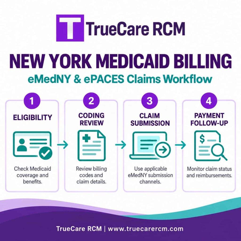 TrueCare RCM infographic showing New York Medicaid eligibility verification, claims coding, eMedNY submission and payment follow-up.