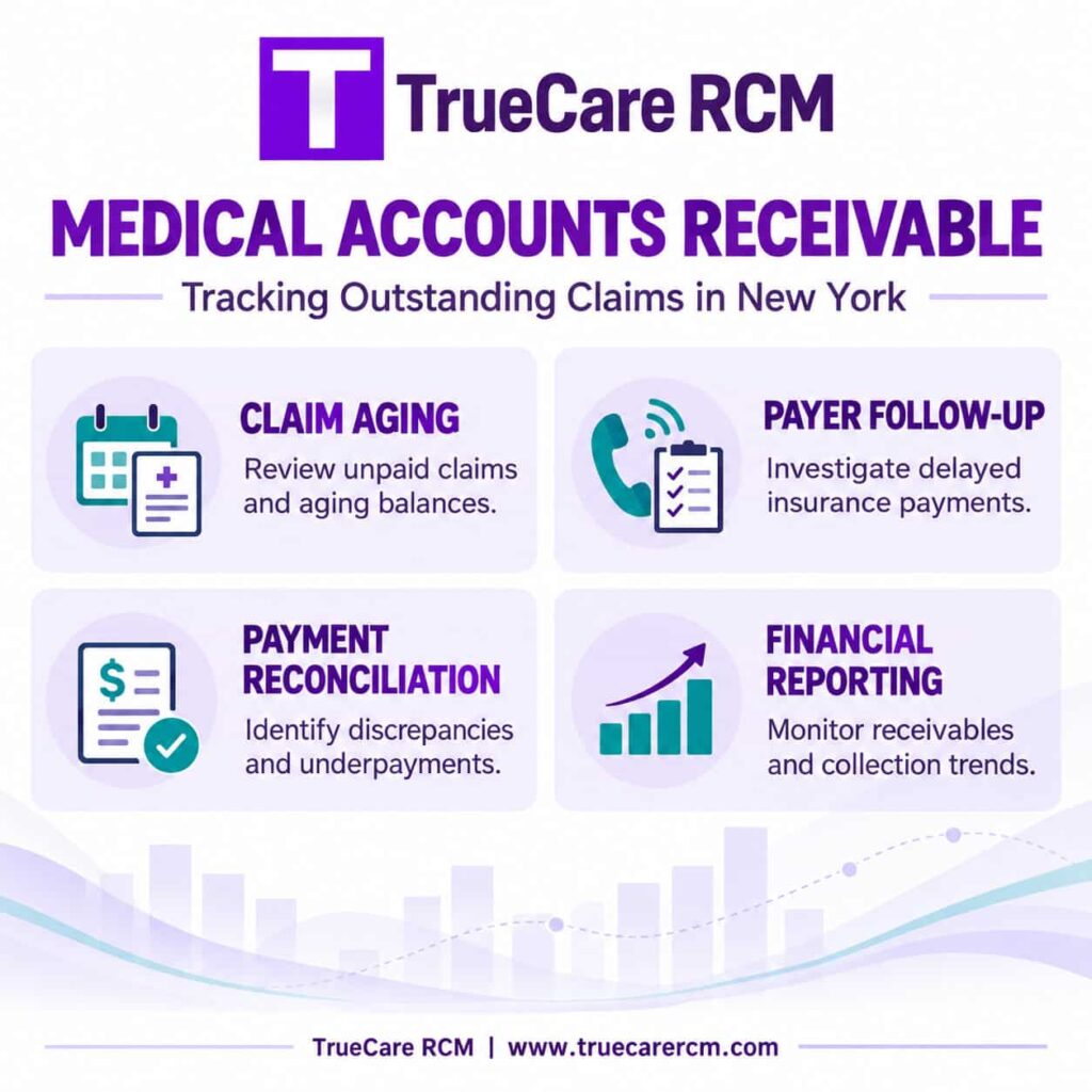 TrueCare RCM infographic illustrating medical claim aging, insurance payer follow-up, payment reconciliation and accounts receivable reporting.
