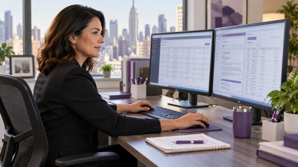 Healthcare billing analyst reviewing electronic insurance claims and payment reconciliation data in a New York medical office.