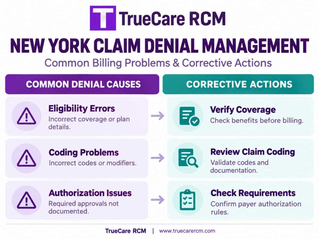 TrueCare RCM infographic explaining common medical claim denial causes and corrective billing actions for New York healthcare practices.