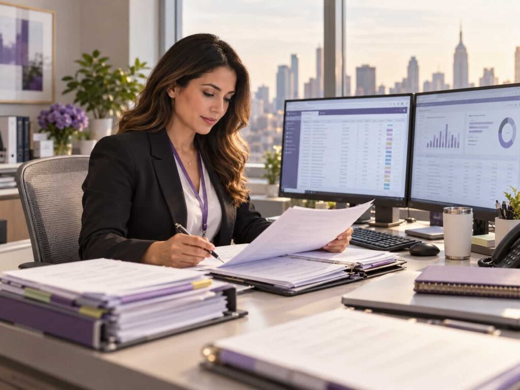 Medical billing manager reviewing Medicare and commercial insurance claims at a New York healthcare administration workstation.