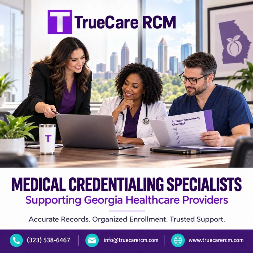 Branded TrueCare RCM promotional graphic showing illustrative healthcare professionals discussing Georgia medical credentialing services.