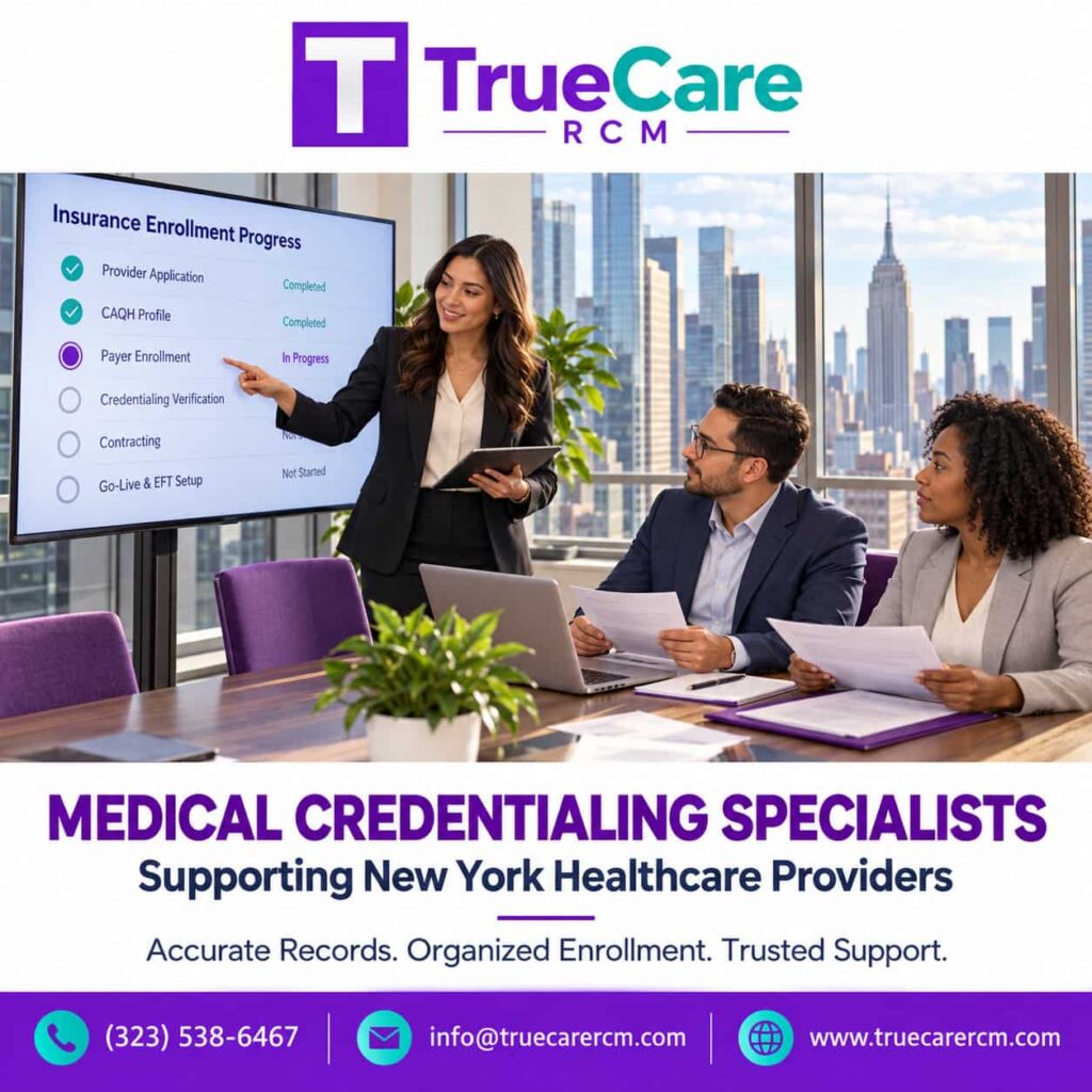 Branded TrueCare RCM illustration showing healthcare administrators discussing medical credentialing and provider enrollment for New York practices.