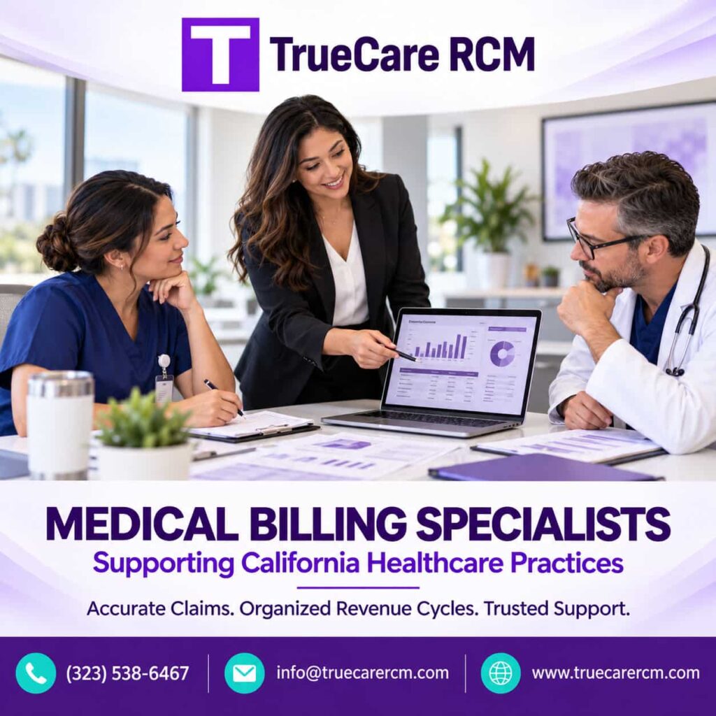 Branded TrueCare RCM graphic illustrating professional medical billing consultation and revenue cycle management support for California healthcare practices.
