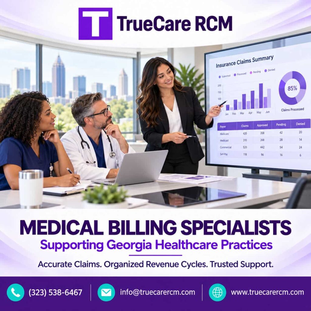 Branded TrueCare RCM graphic illustrating medical billing specialists supporting Georgia healthcare practices.