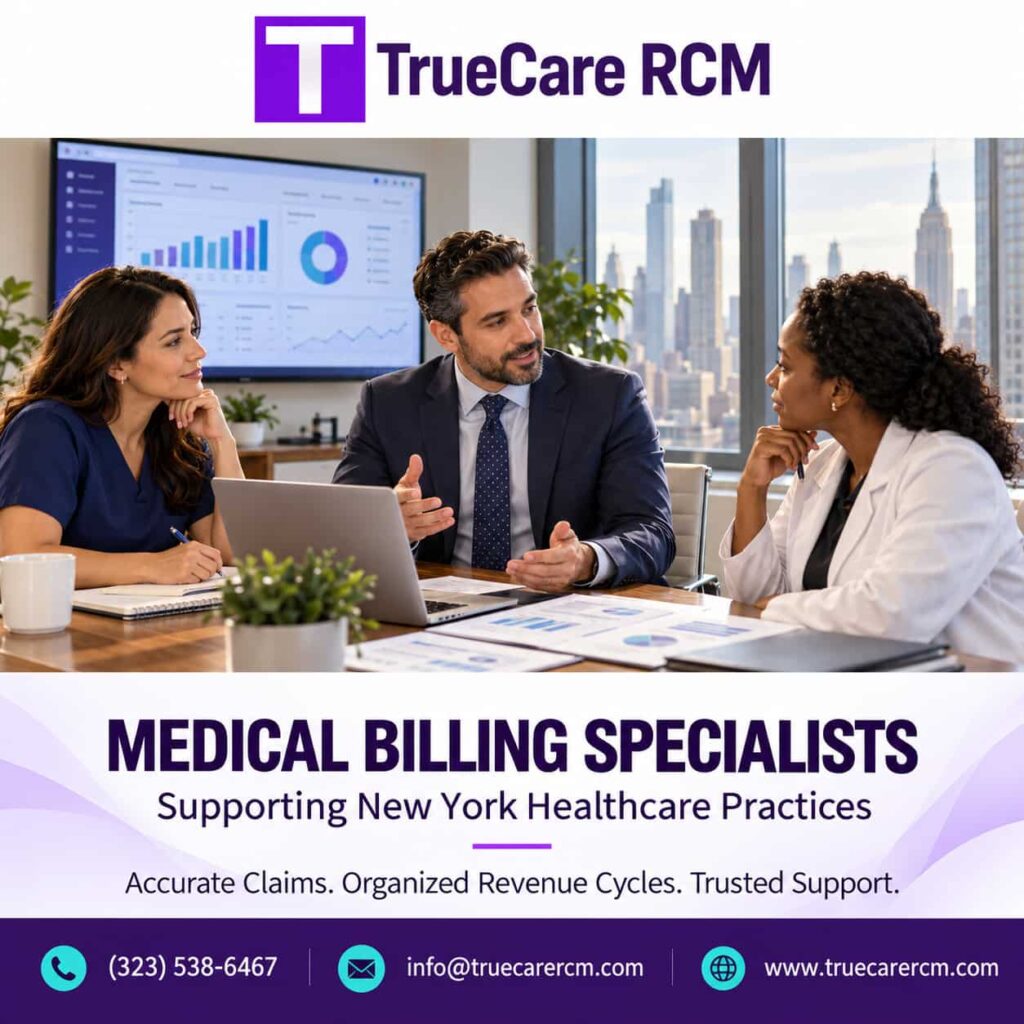 Branded TrueCare RCM promotional graphic illustrating healthcare administrators reviewing medical billing operations for New York practices.